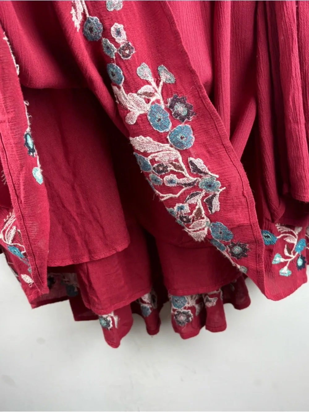 Free People Te Amo Floral Boho Mini Dress $148 Red XS Babydoll Embroidered Bell - Picture 7 of 10